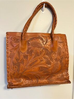 Alexandro Yeo Hand-Tooled Embossed Leather Tote Bag in Cognac Brown